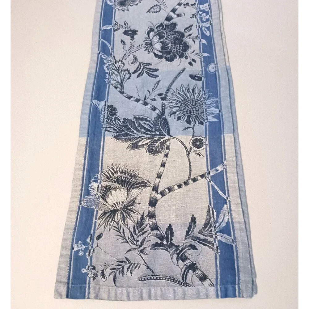 Williams Sonoma Table Runner Blue Linen Blend Floral Jacquard Print 15X100 Long